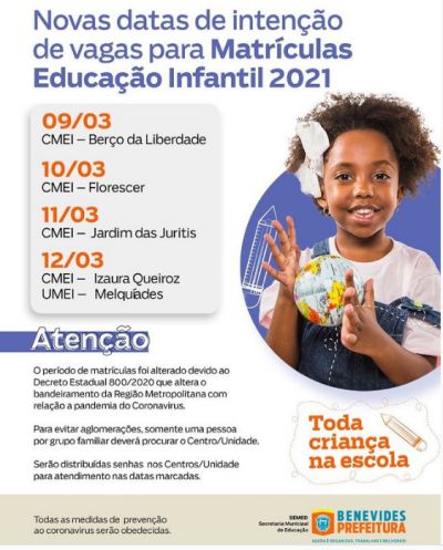 Novas datas de intenção de vagas para Matrículas Educação Infantil 2021